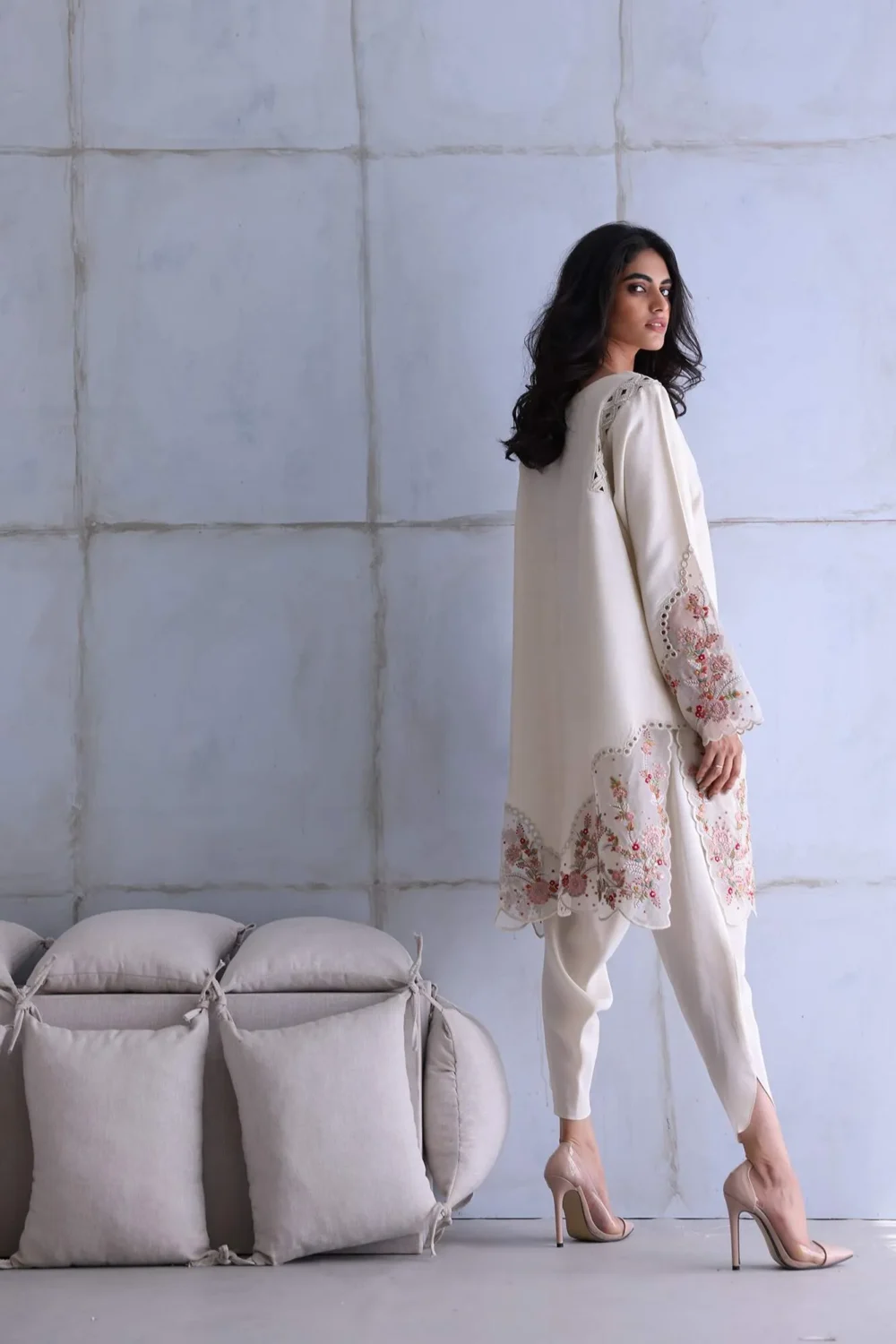 Floral Ivory Embroidered Dress featuring intricate embroidery, luxurious fabric, and modern cut-out neckline.