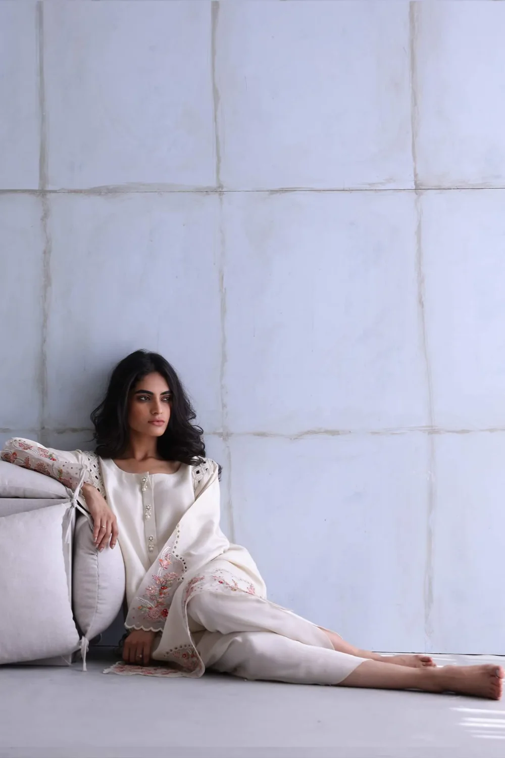 Floral Ivory Embroidered Dress featuring intricate embroidery, luxurious fabric, and modern cut-out neckline.