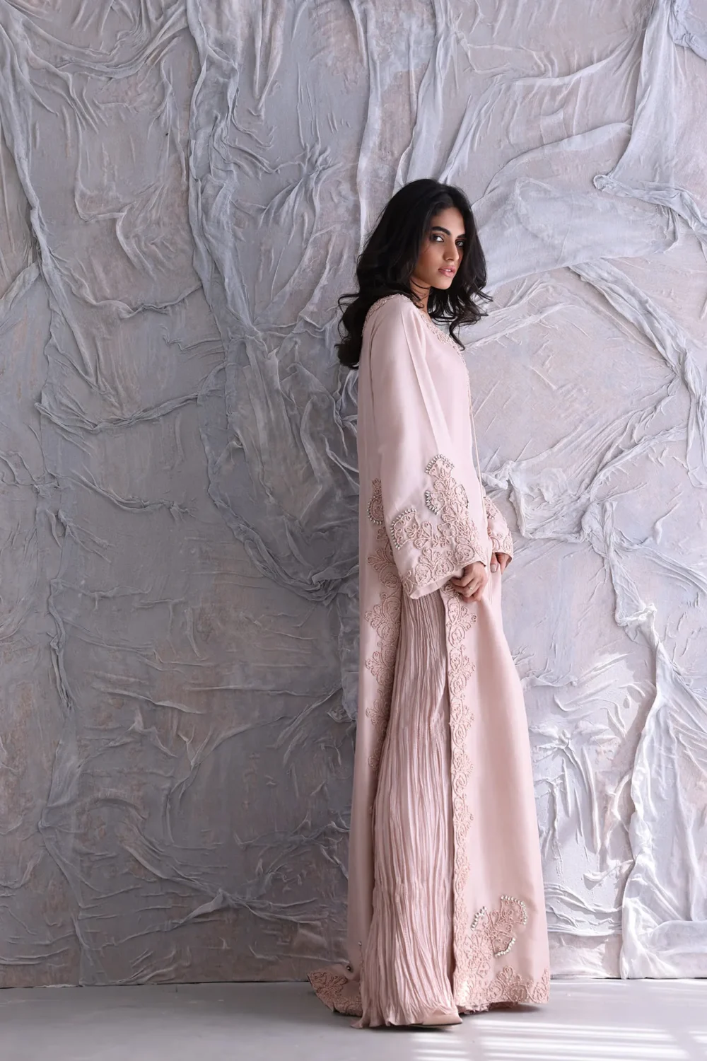Light Pink Embroidered Maxi Dress – Side view showing embroidery