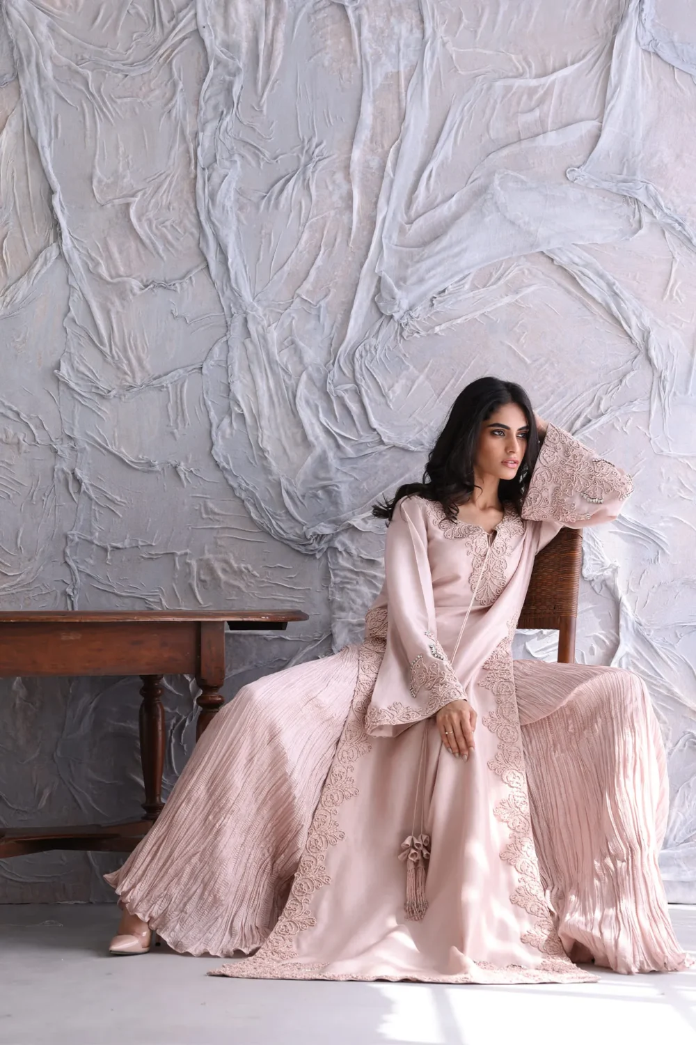 Light Pink Embroidered Maxi Dress – Side view showing embroidery