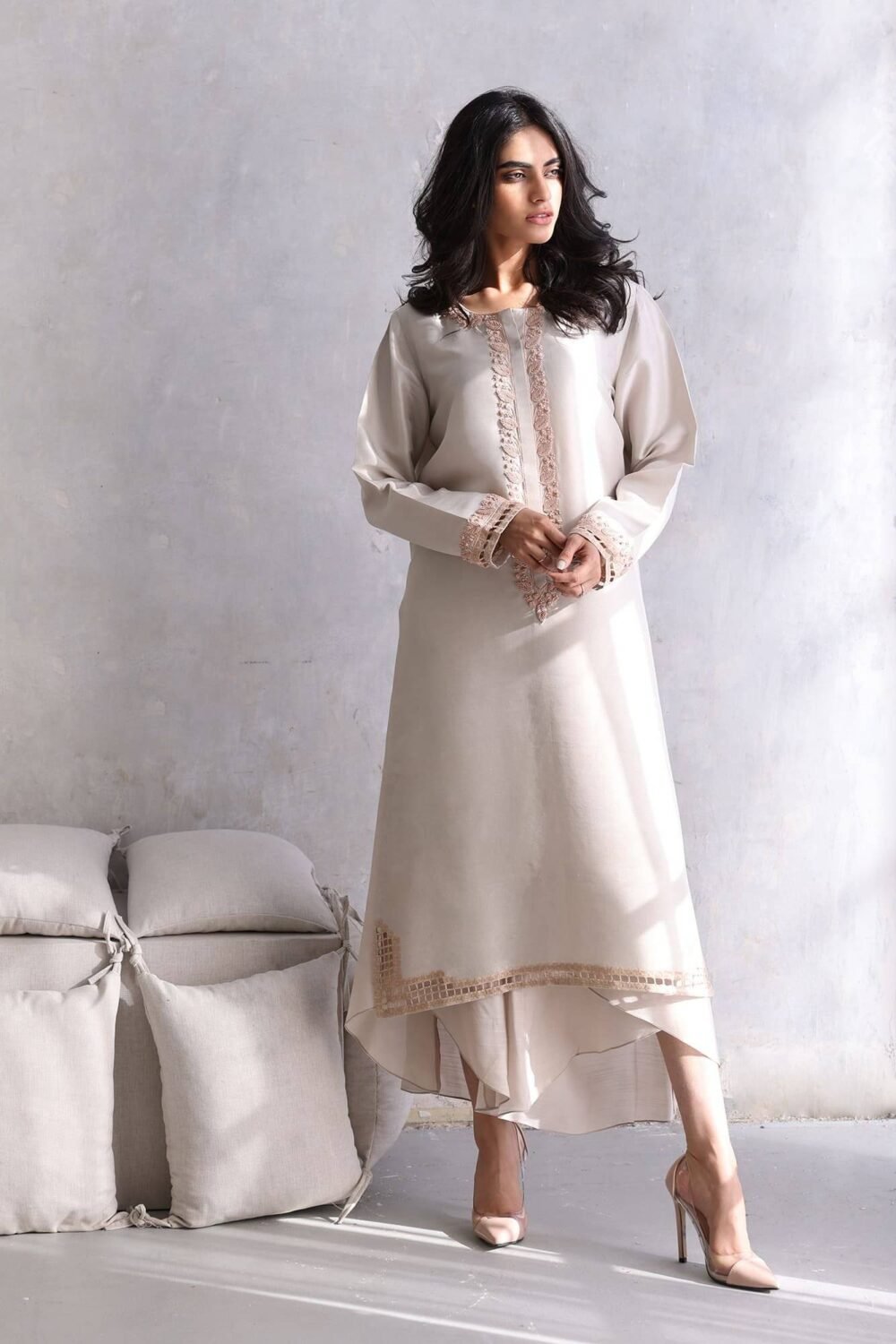 Gray Raw Silk Kameez with Floral Embroidery Cuffs