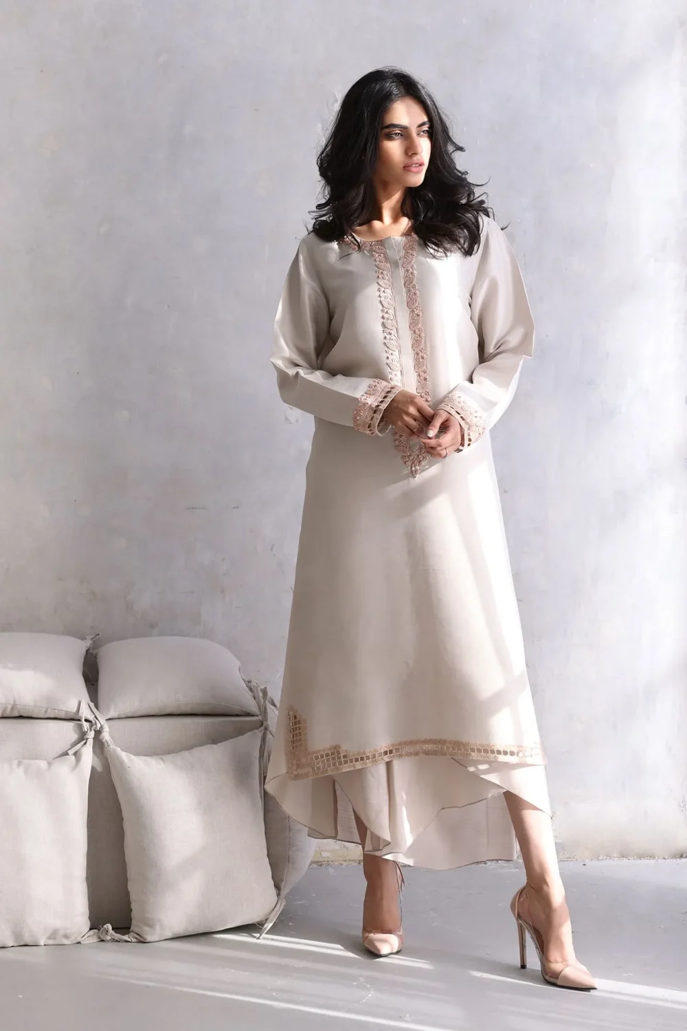 Gray Raw Silk Kameez with Floral Embroidery Cuffs