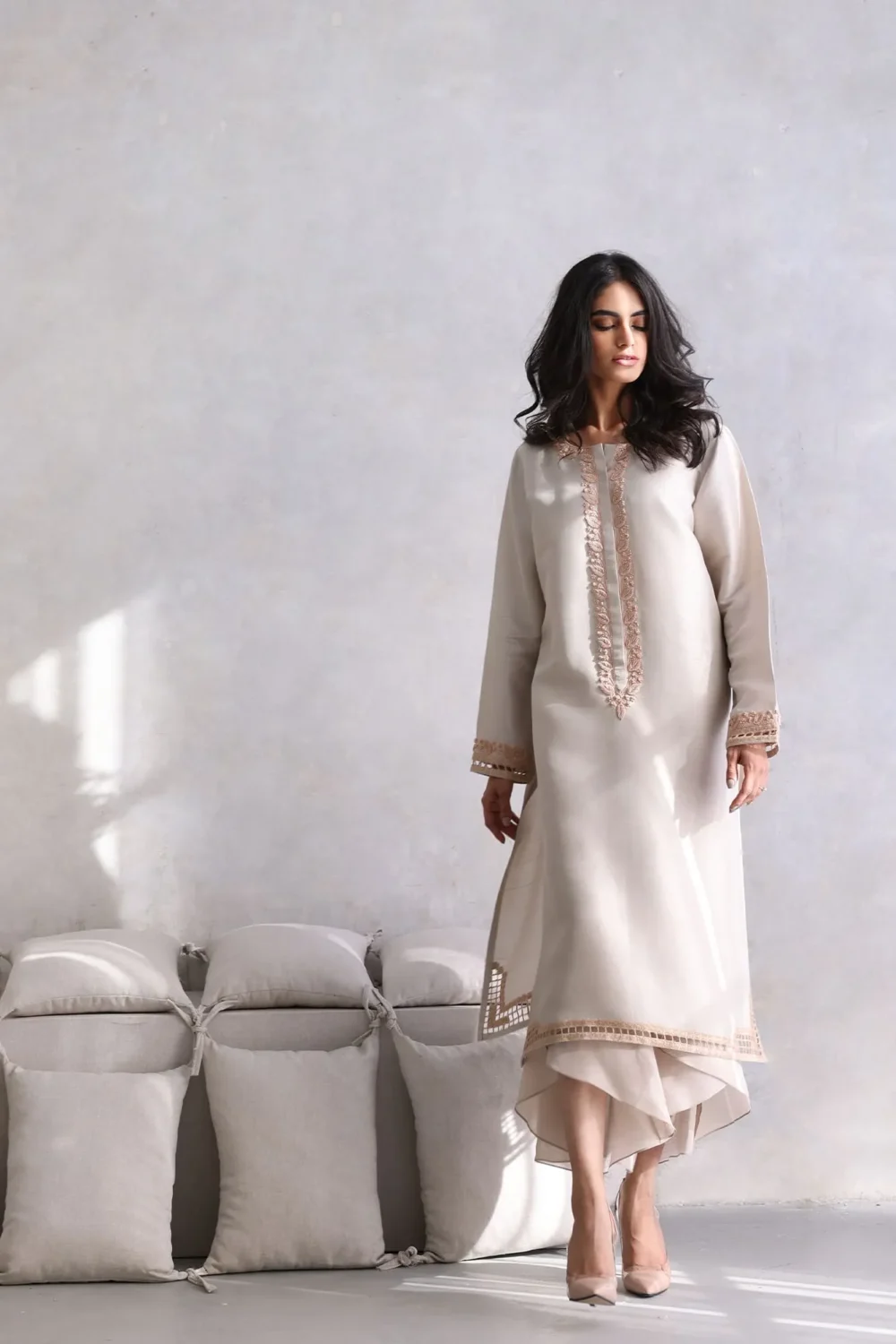 Gray Raw Silk Kameez with Floral Embroidery Cuffs