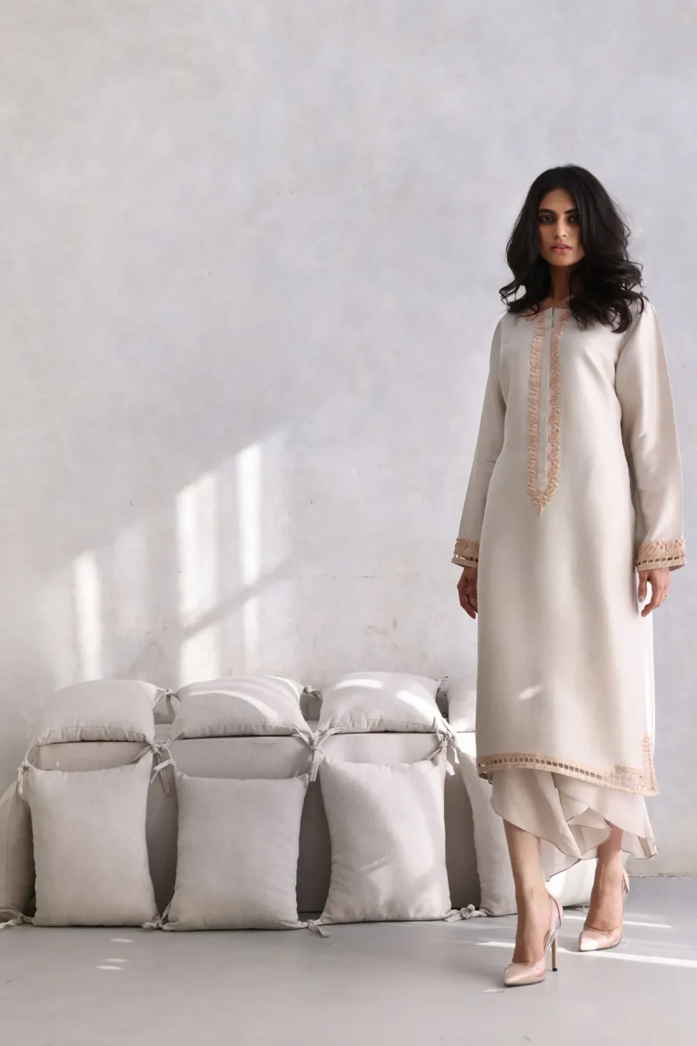 Gray Raw Silk Kameez with Floral Embroidery Cuffs