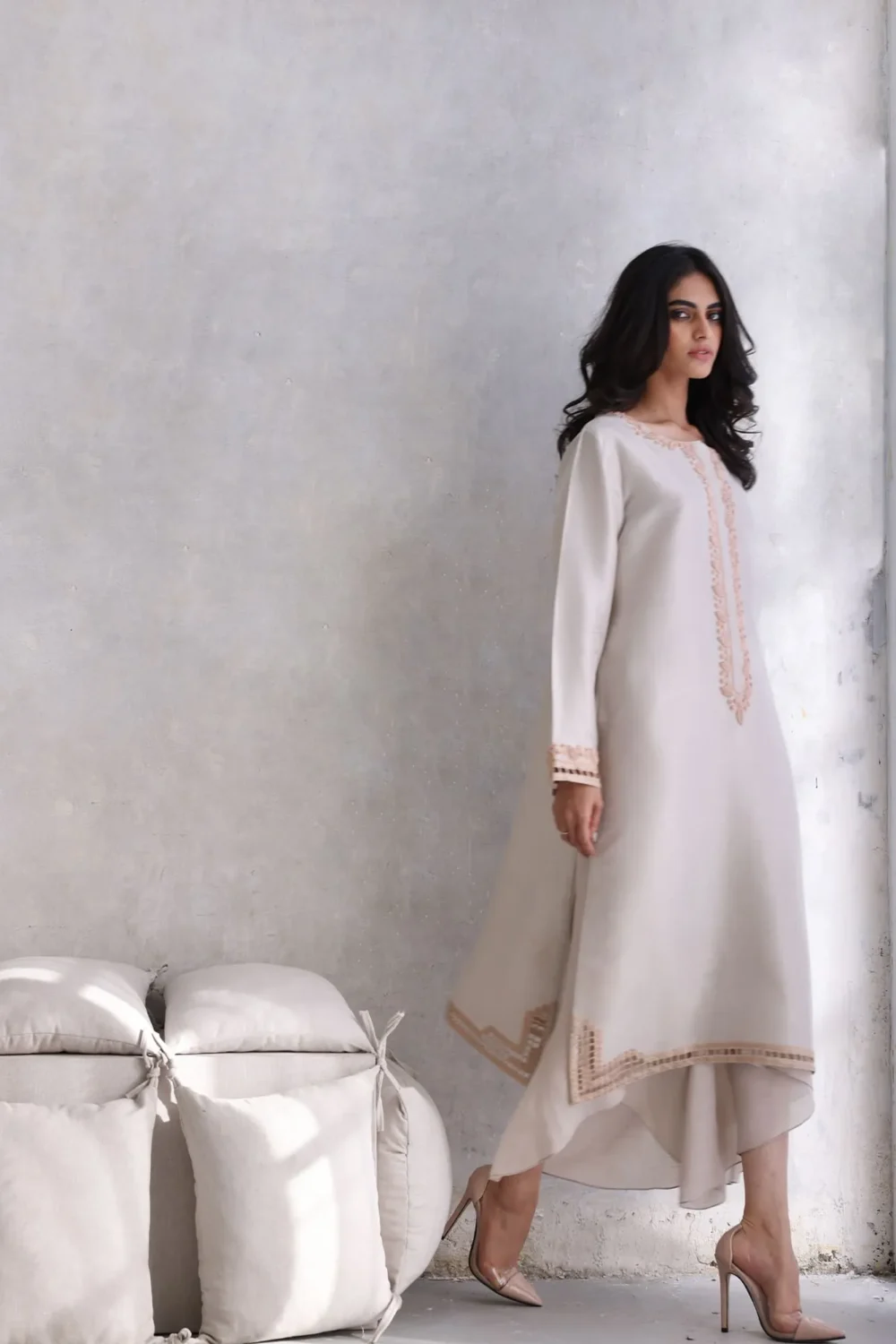 Gray Raw Silk Kameez with Floral Embroidery Cuffs