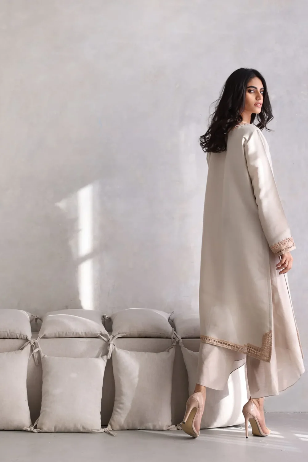 Gray Raw Silk Kameez with Floral Embroidery Cuffs