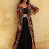 regal embroidered cape gown black orange gold floral motifs luxury design