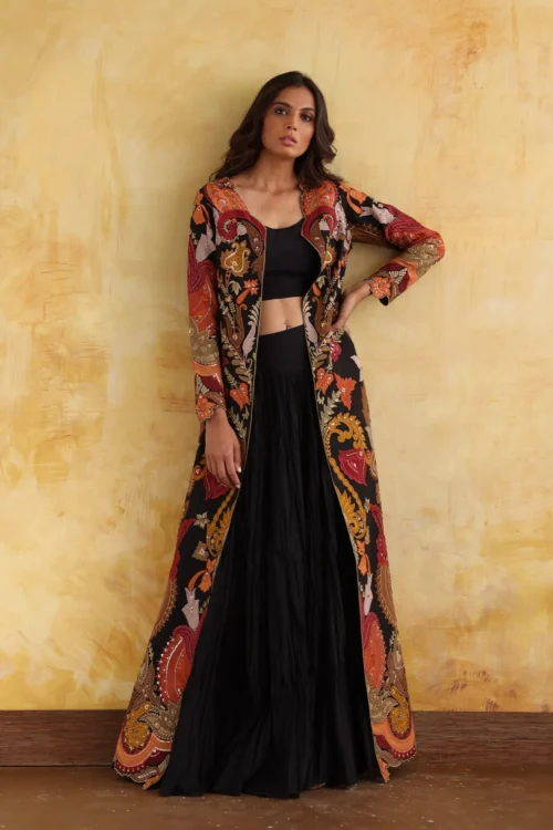 regal embroidered cape gown black orange gold floral motifs luxury design