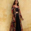 regal embroidered cape gown black orange gold floral motifs luxury design