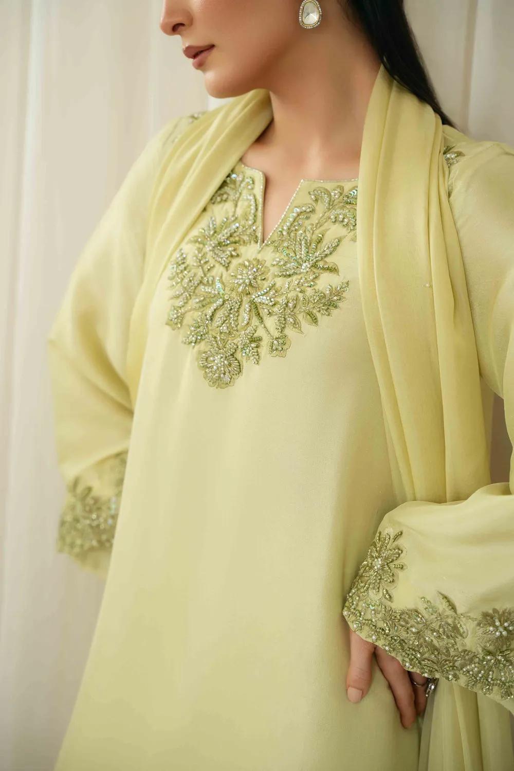 LuxeGlow Silk Ensemble with hand-embroidered crystals and sequins