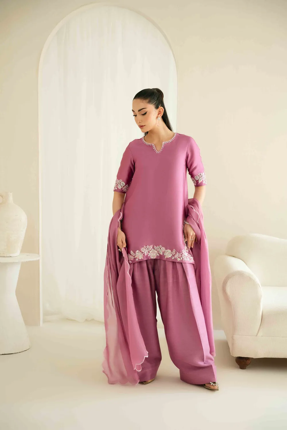 Sheesha Silk Dress with hand embroidery and pearl embellishments