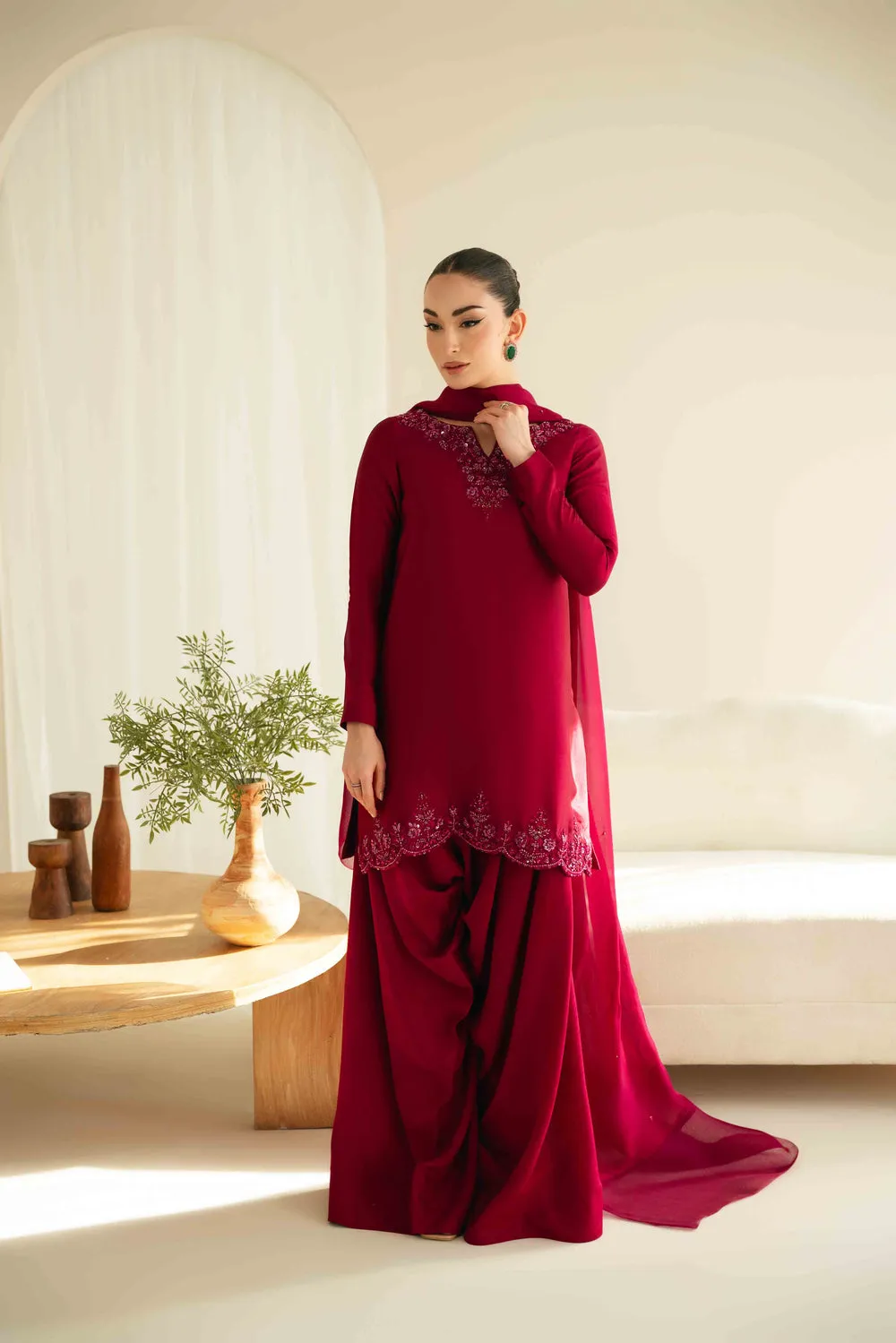 Sheesha Silk Dress with hand-embroidered crystals and sequins on a mannequin, showcasing elegant Korean raw silk trouser