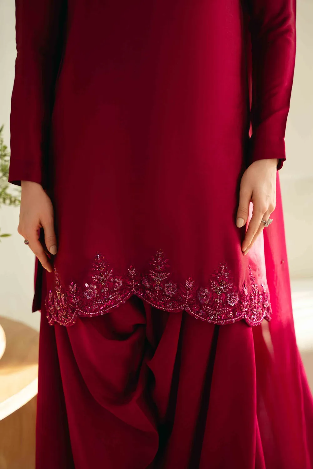 Sheesha Silk Dress with hand-embroidered crystals and sequins on a mannequin, showcasing elegant Korean raw silk trouser