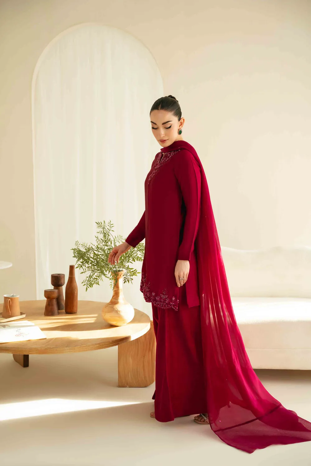 Sheesha Silk Dress with hand-embroidered crystals and sequins on a mannequin, showcasing elegant Korean raw silk trouser