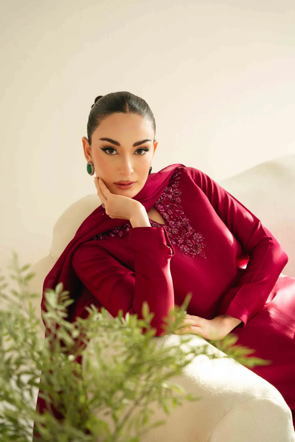 Sheesha Silk Dress with hand-embroidered crystals and sequins on a mannequin, showcasing elegant Korean raw silk trouser