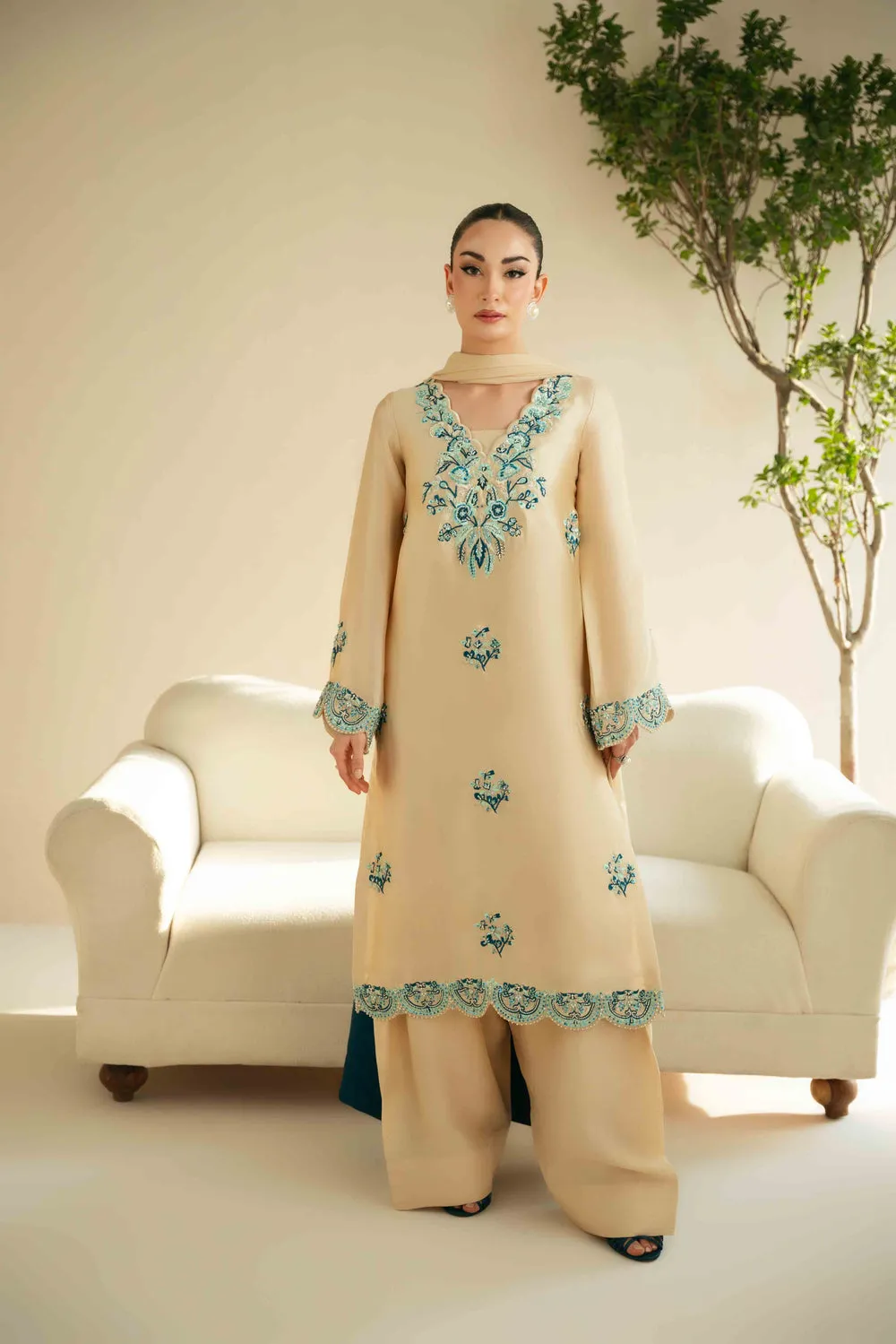 Aqua Elegance Silk Dress with blue and sea green embroidery