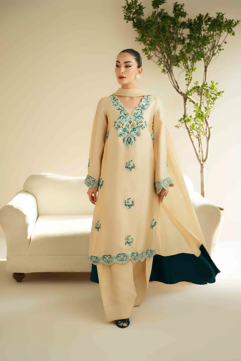 Aqua Elegance Silk Dress with blue and sea green embroidery