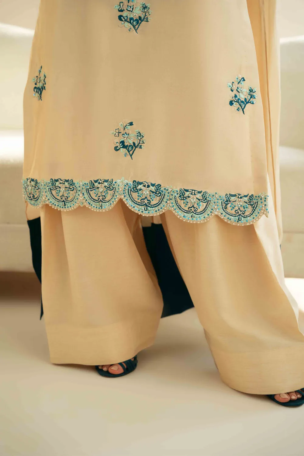 Aqua Elegance Silk Dress with blue and sea green embroidery