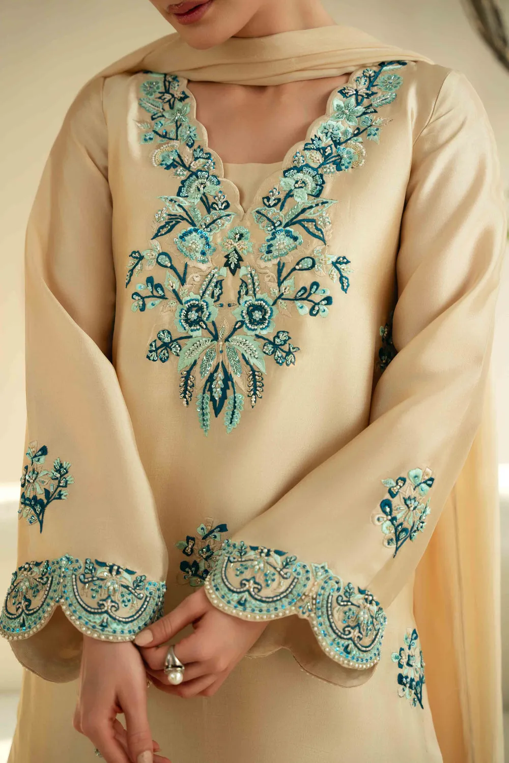 Aqua Elegance Silk Dress with blue and sea green embroidery