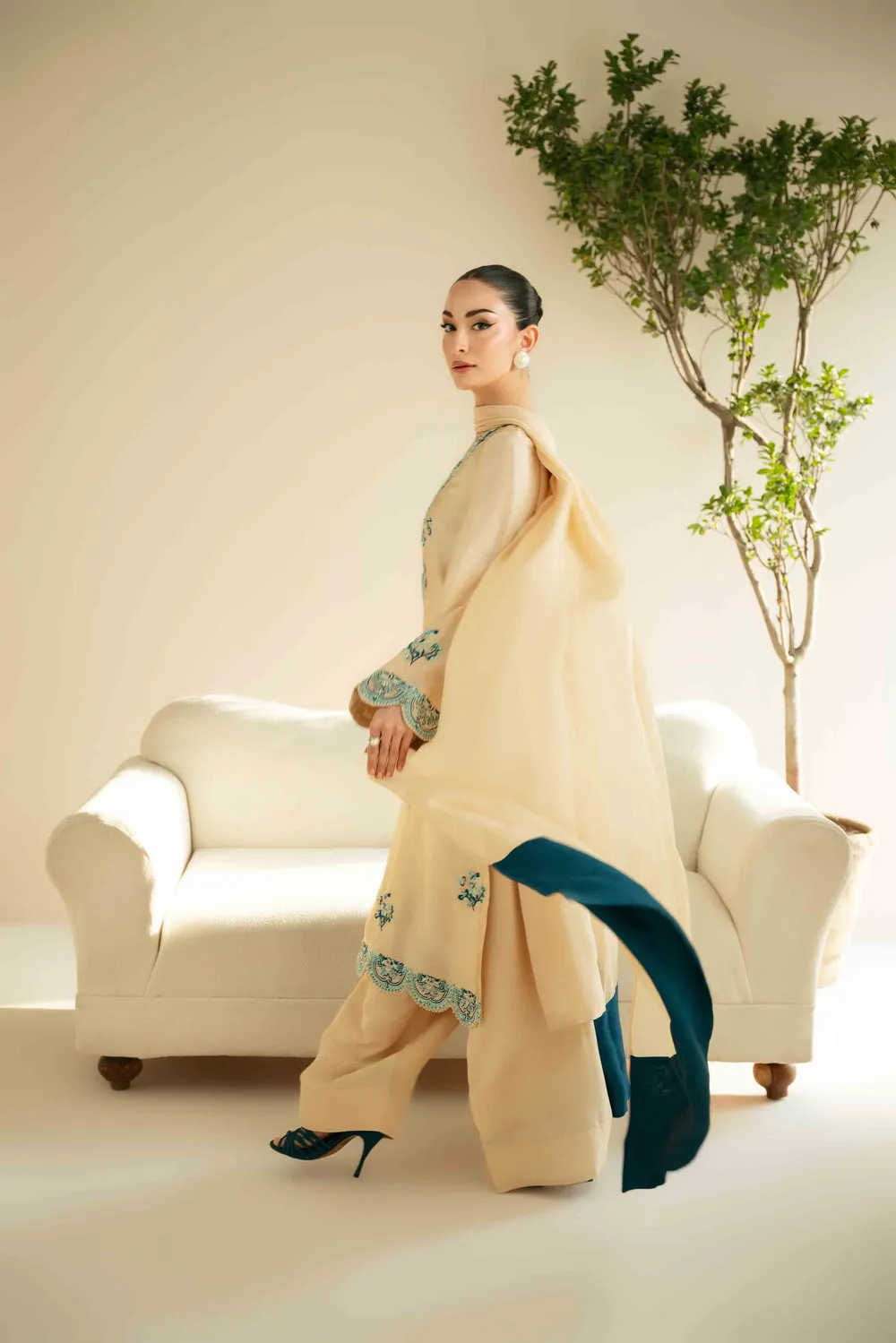 Aqua Elegance Silk Dress with blue and sea green embroidery