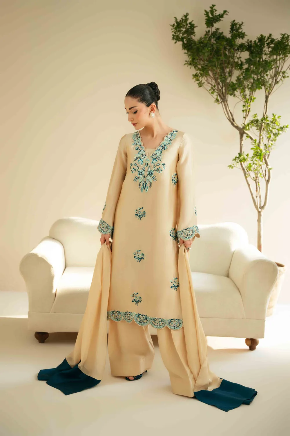 Aqua Elegance Silk Dress with blue and sea green embroidery