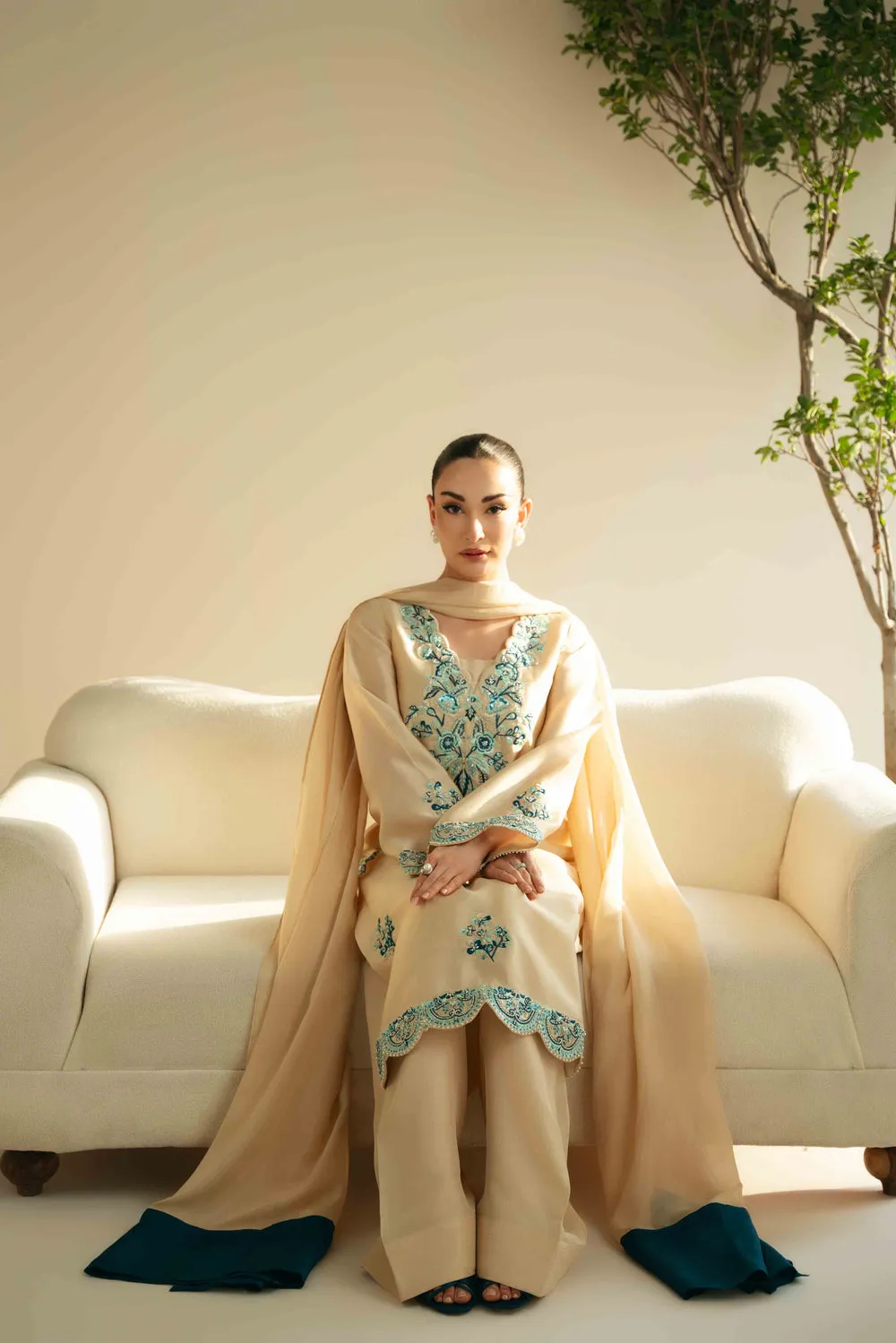 Aqua Elegance Silk Dress with blue and sea green embroidery