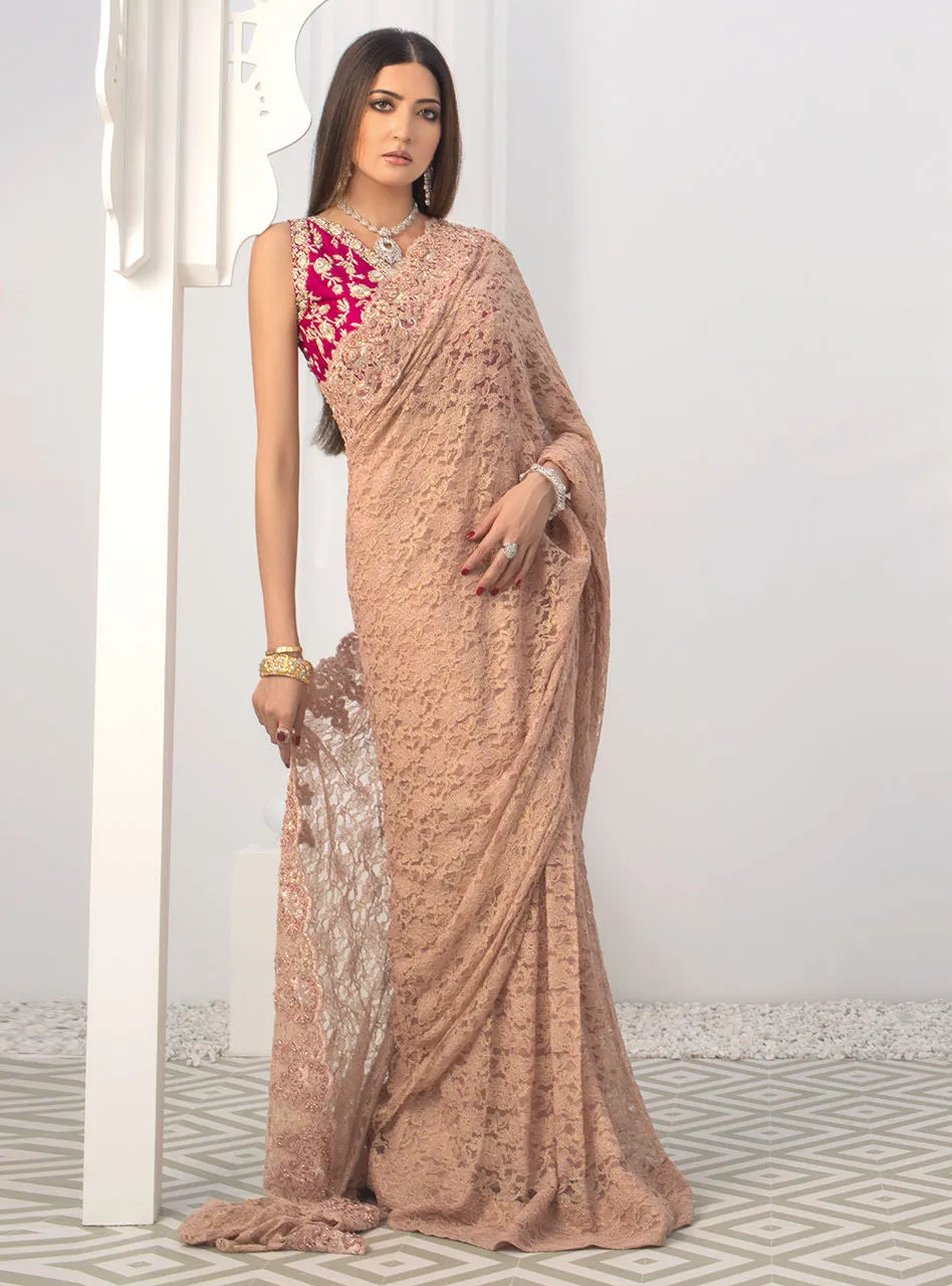 Blush Pink Saree showing the beautiful, fluid drape and subtle luster of the shamose silk saree fabric.