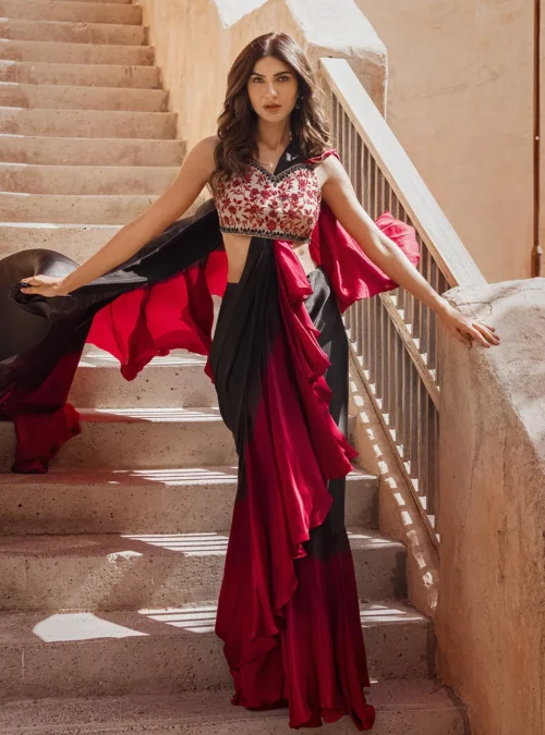 Full look of the Embellished Saree Blouse as a complete wedding festive outfit, styled for a grand occasion.