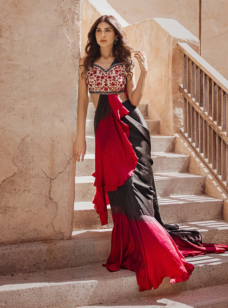 The lustrous Shamose silk saree from the Embellished Saree Blouse set, showing its beautiful drape and sheen.