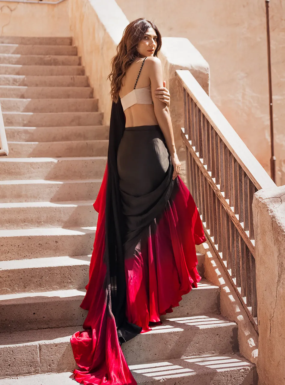 Embellished Saree Blouse showcasing the full rani pink ensemble with the intricately detailed raw silk blouse.