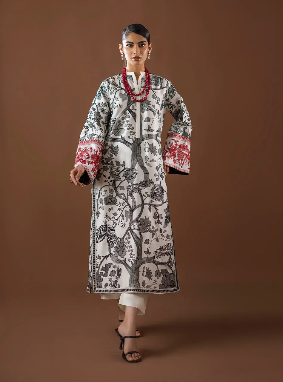 The Kantha Work Shirt styled, showing the fluid movement and elegant drape of the viscose silk fabric. The Kantha Work Shirt styled, showing the fluid movement and elegant drape of the viscose silk fabric.