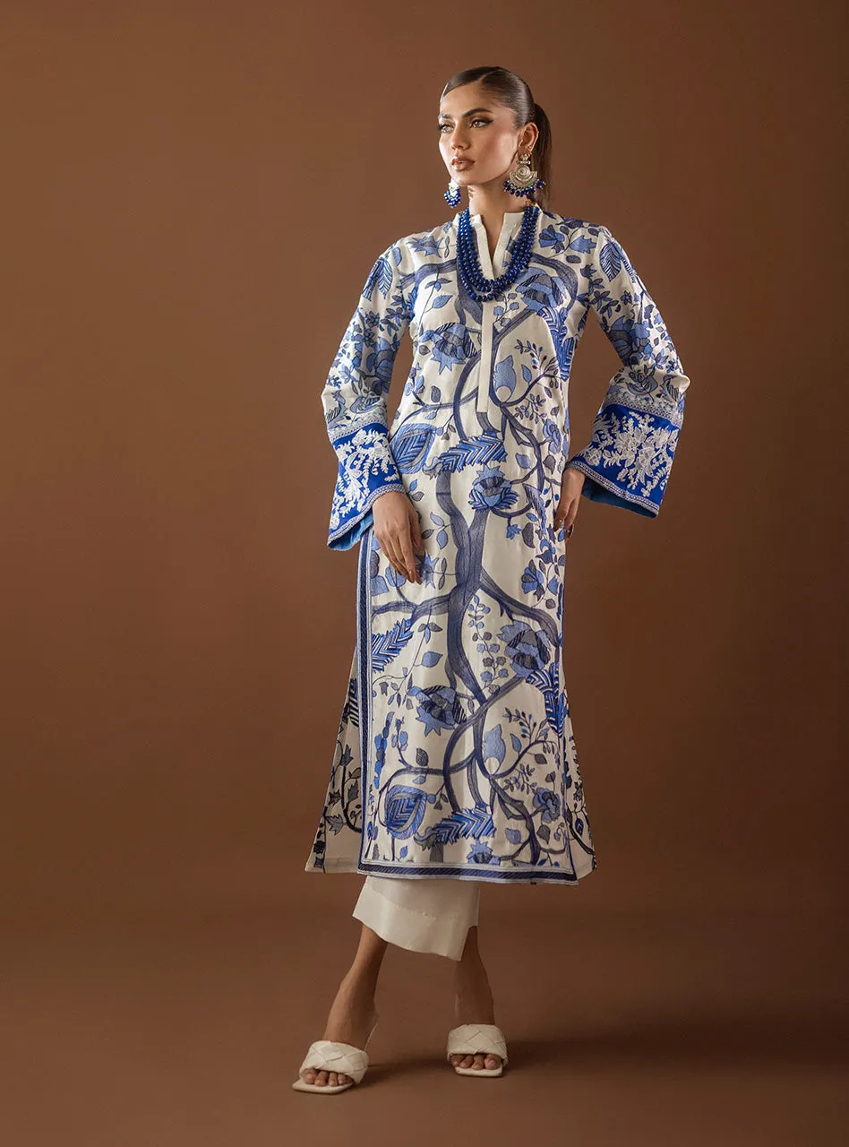 The Kantha Work Shirt styled, showing the luxurious, fluid drape of the viscose silk fabric.