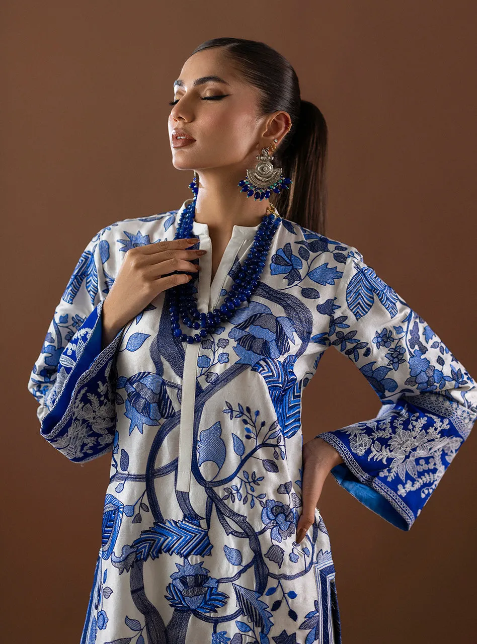 Kantha Work Shirt detail shot of the deep, statement-making blue Kantha work border on the sleeve.