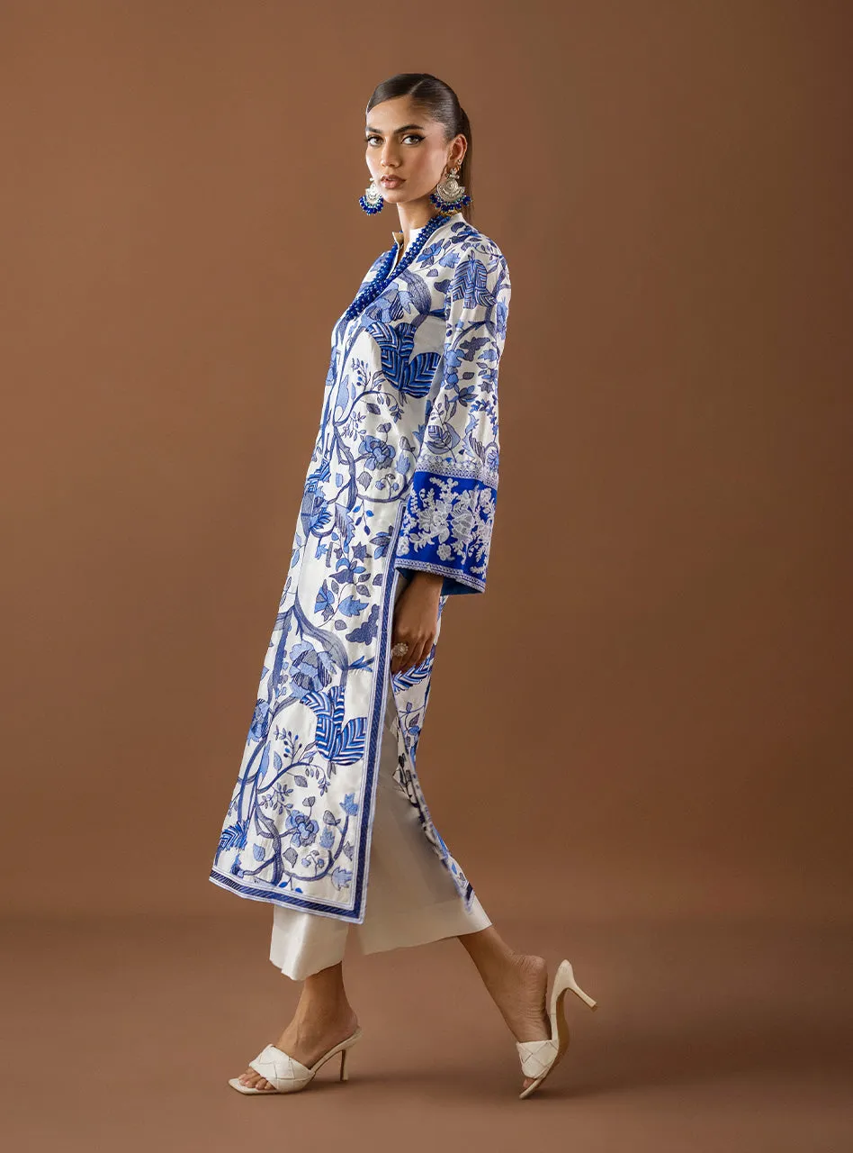 Kantha Work Shirt showcasing the full white and blue ensemble with matching straight pants.