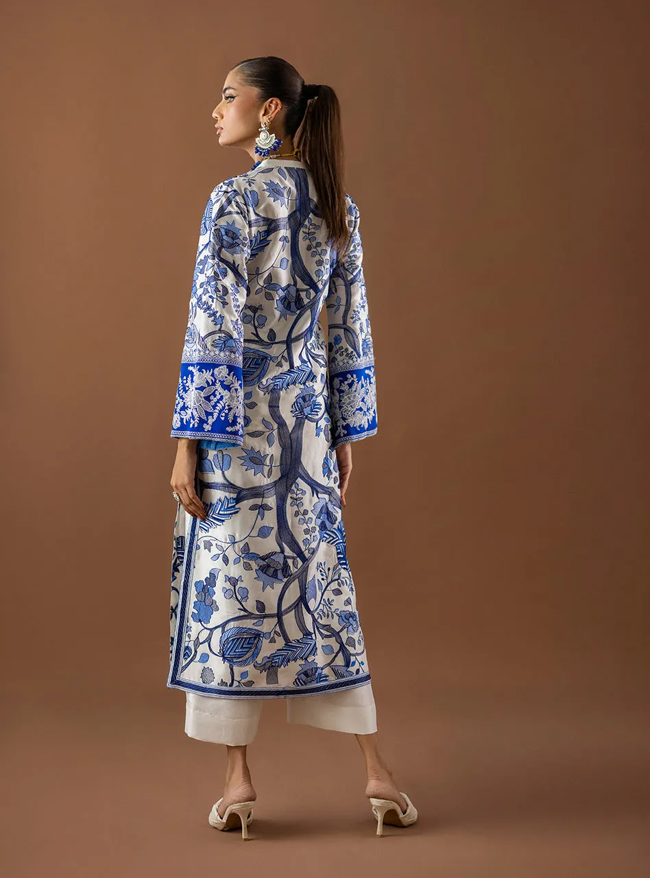 Kantha Work Shirt showcasing the full white and blue ensemble with matching straight pants.