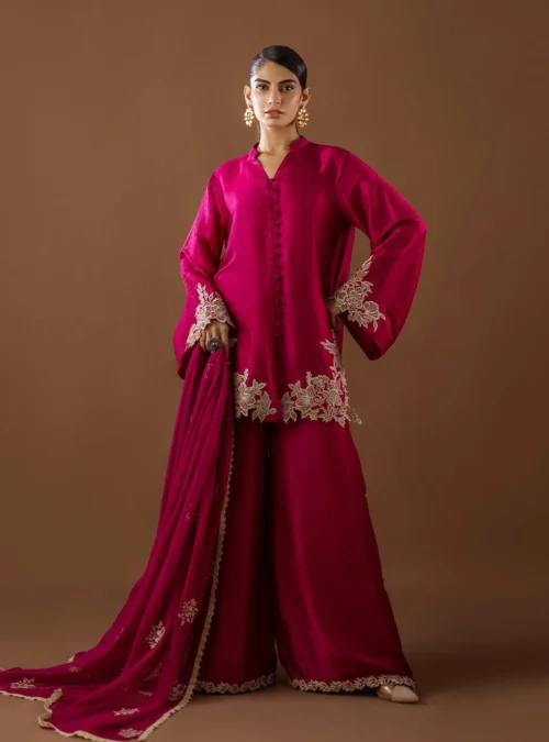 Pink Cutwork Suit showcasing the full ensemble, highlighting the soft self-jacquard texture and elegant silhouette. Pink Cutwork Suit showcasing the full ensemble, highlighting the soft self-jacquard texture and elegant silhouette.