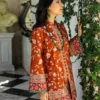 Orange embroidered shirt showcasing the front-open design and delicate beige floral embroidery.
