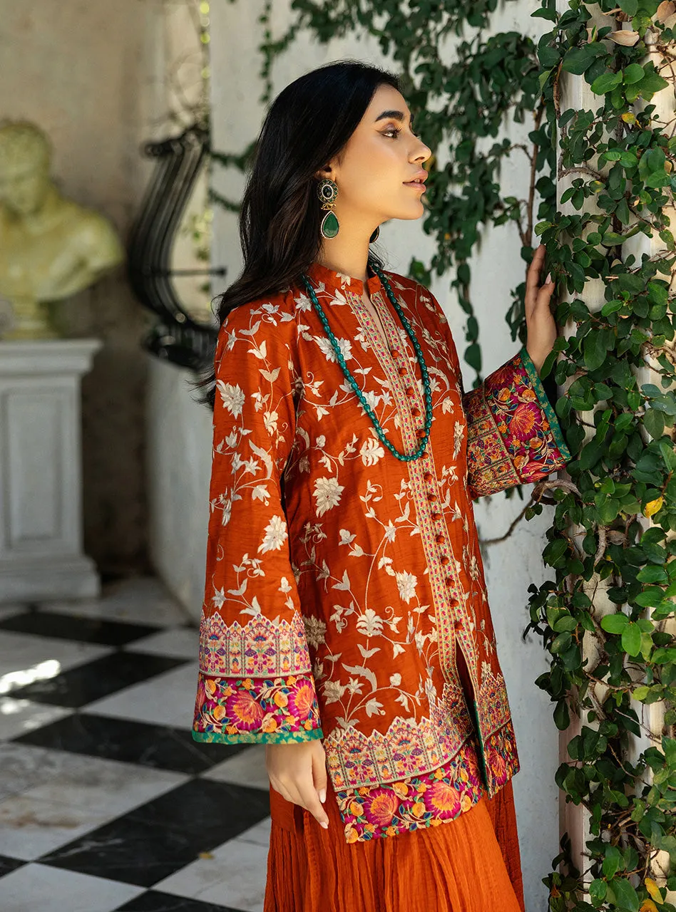Orange embroidered shirt showcasing the front-open design and delicate beige floral embroidery.