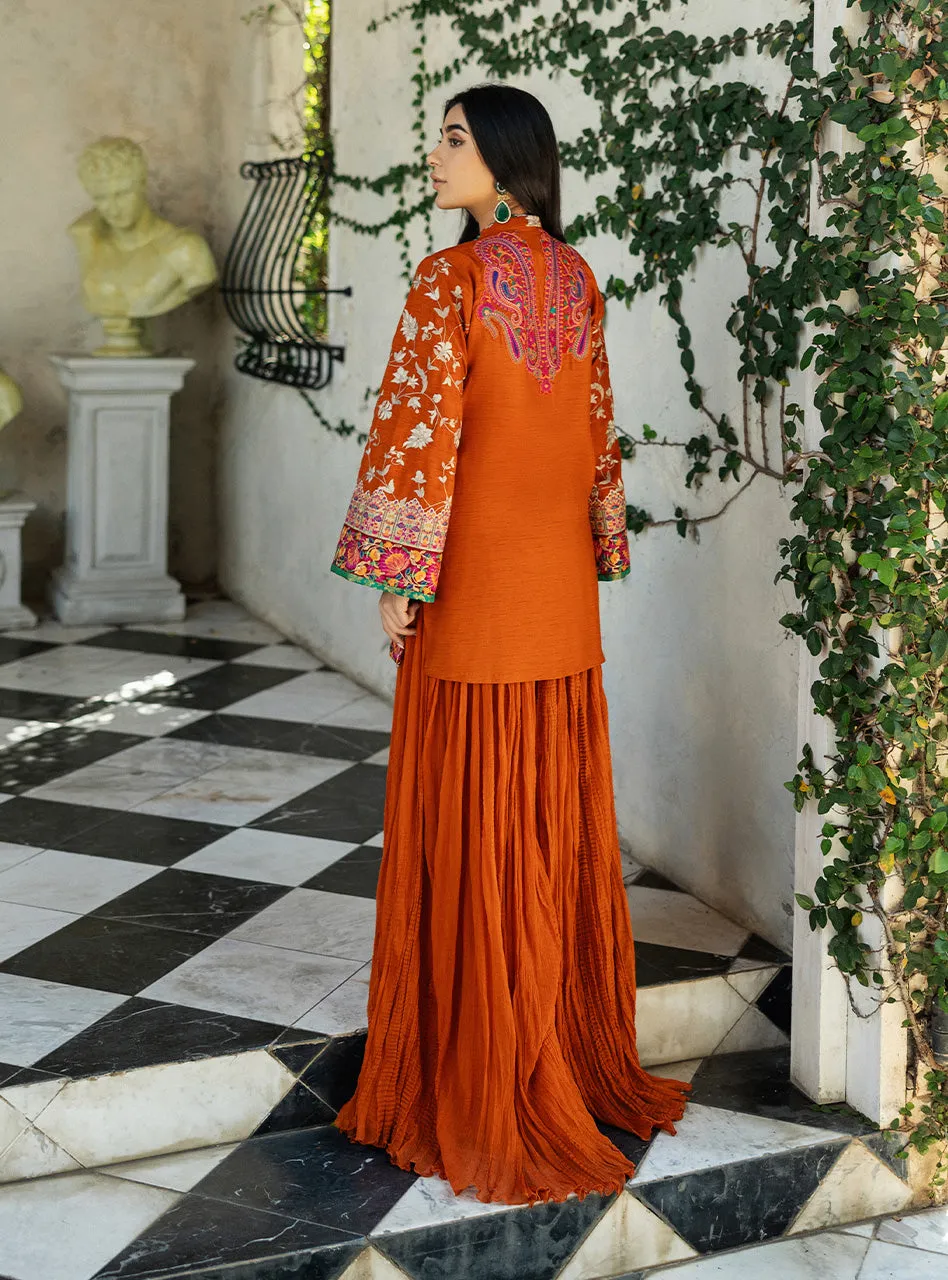 Orange embroidered shirt showcasing the front-open design and delicate beige floral embroidery.