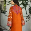 Orange embroidered shirt showcasing the front-open design and delicate beige floral embroidery.