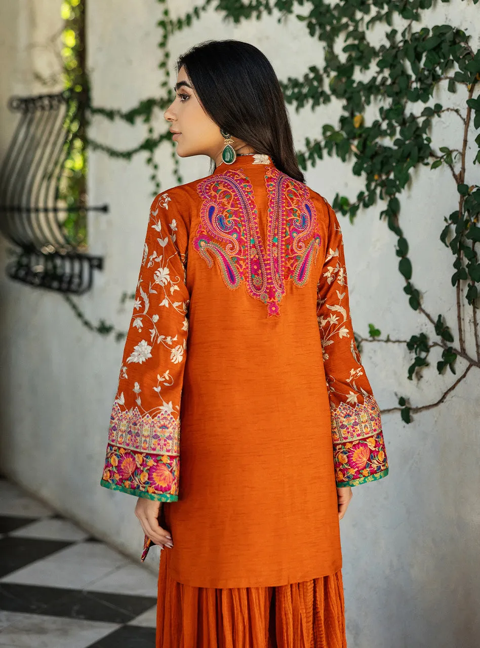 Orange embroidered shirt showcasing the front-open design and delicate beige floral embroidery.