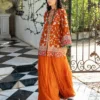 Full look of the orange embroidered shirt as a complete ensemble, including the chiffon dupatta, creating a vibrant, modern look.