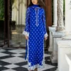 Full view of the Cobalt Blue Embroidered Suit with its luxurious viscose pants, capturing its elegant drape.