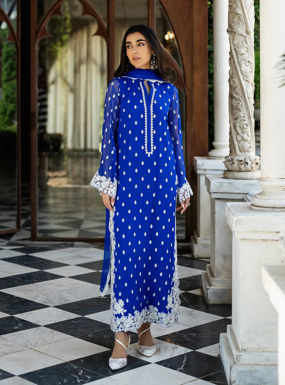 Full view of the Cobalt Blue Embroidered Suit with its luxurious viscose pants, capturing its elegant drape.