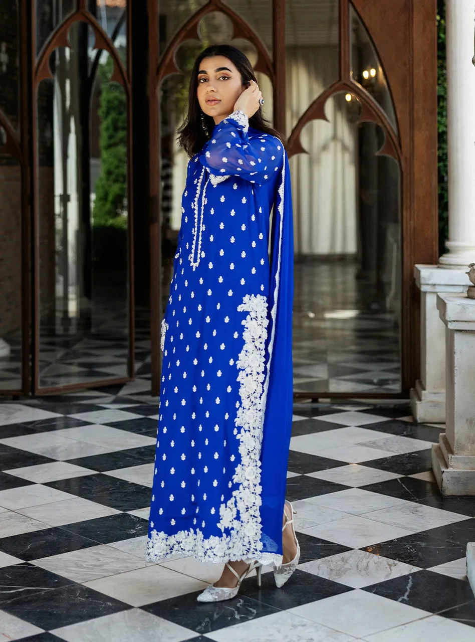Detail shot of the lace-finished border on the pure chiffon dupatta of the Cobalt Blue Embroidered Suit.