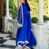 Cobalt Blue Embroidered Suit showcasing the vibrant chiffon shirt and flowing silhouette.