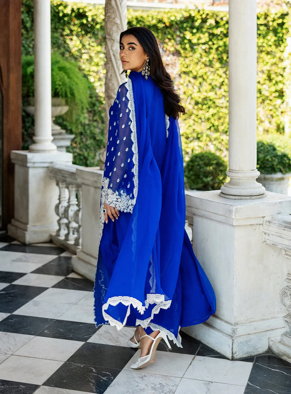 Cobalt Blue Embroidered Suit showcasing the vibrant chiffon shirt and flowing silhouette.