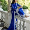 Detail shot of the lace-finished border on the pure chiffon dupatta of the Cobalt Blue Embroidered Suit.