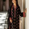 Full view of the Black Orchid Kashmiri Suit with its raw silk pants and the pure chiffon dupatta with a Jamawar border.