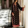 Full view of the Black Orchid Kashmiri Suit with its raw silk pants and the pure chiffon dupatta with a Jamawar border.